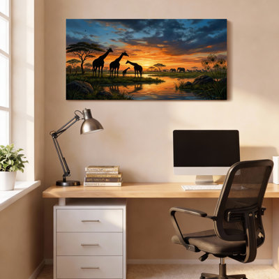 «African Safari Sunset», girafe et éléphant sur toile tendue, reproduction d'art sur toile, ensemble de 1