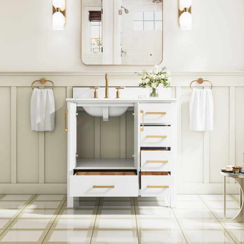 Freestanding 36" W x 35" H Solid Wood Bathroom Vanity With Carrara White Cultured Marble Countertop And Ceramic Single Sink,White