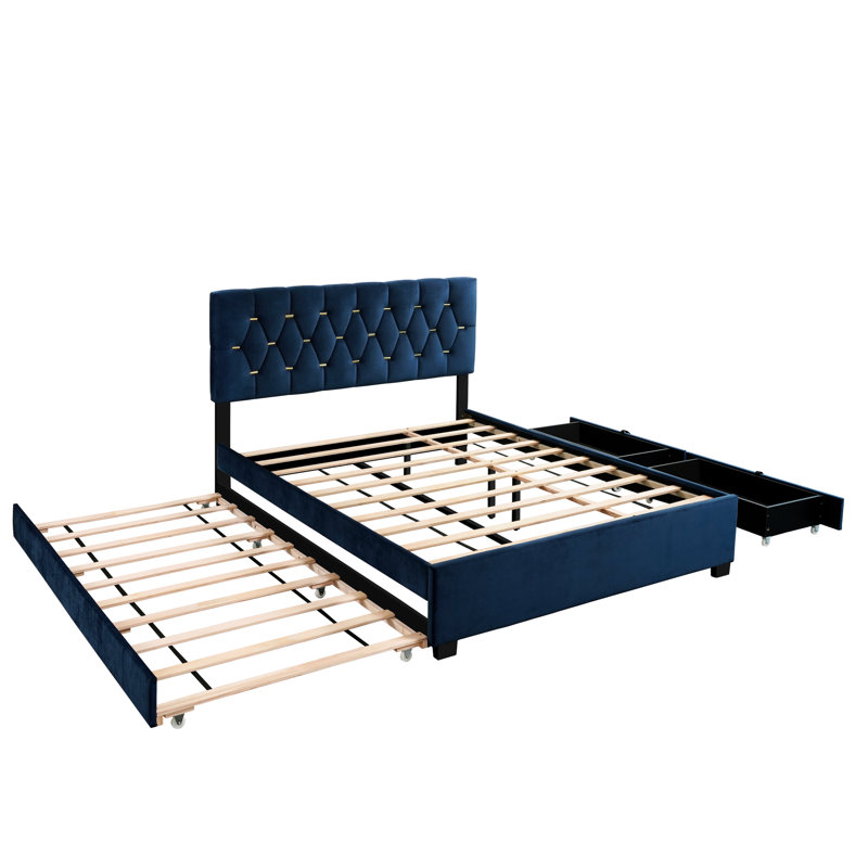 Lit en velours moderne avec lit gigogne double et 2 tiroirs de rangement