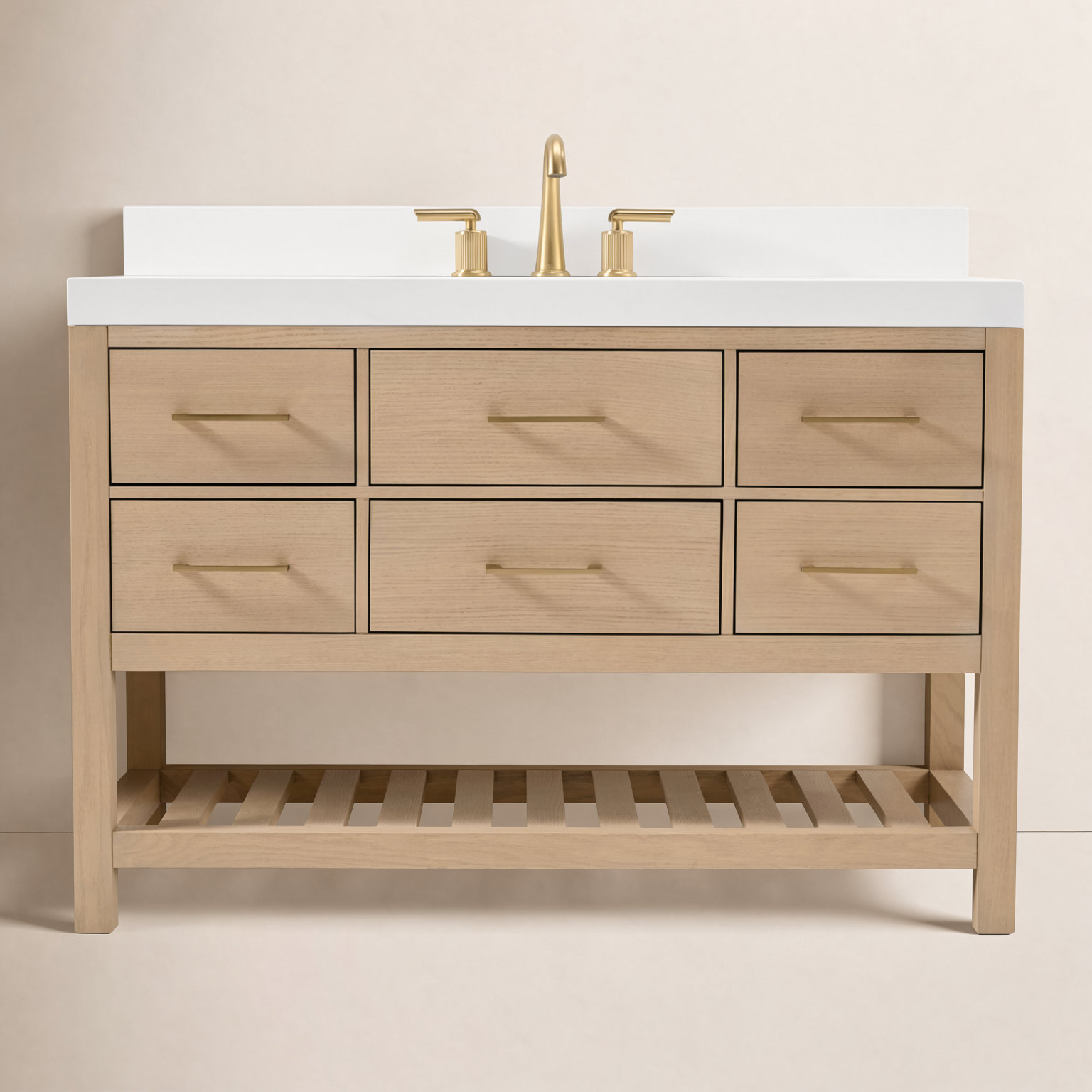 Carrie 48" Carrara Marble Single Bathroom Vanity, Oak/Rose Gold, Pure White Quartz