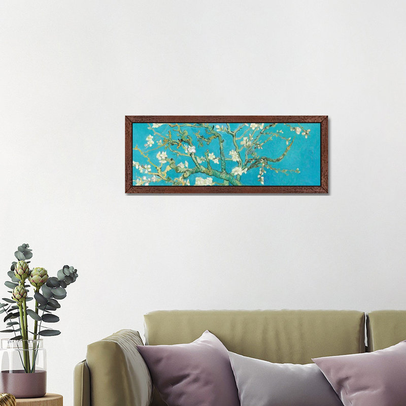 Almond Blossom by Vincent Van Gogh - Panoramic Painting on Canvas, 30.48 cm H x 91.44 cm W, Brown Framed