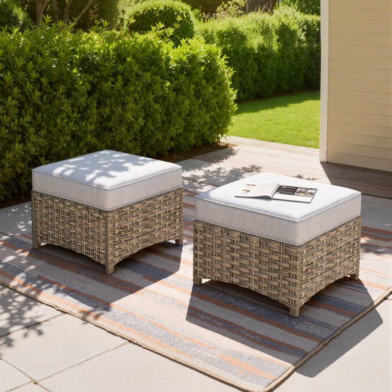 Repose-pieds d'extérieur pour patio avec coussin, repose-pieds en osier PE tissé à la main, Light Grey