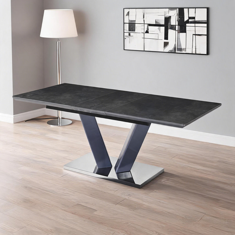 Table de salle à manger extensible en pierre frittée moderne de luxe moderne, table de salle à manger rectangulaire à 6 places avec rallonge papillon autoportante, piédestal en forme de V, meuble de salle à manger contemporain de cuisine