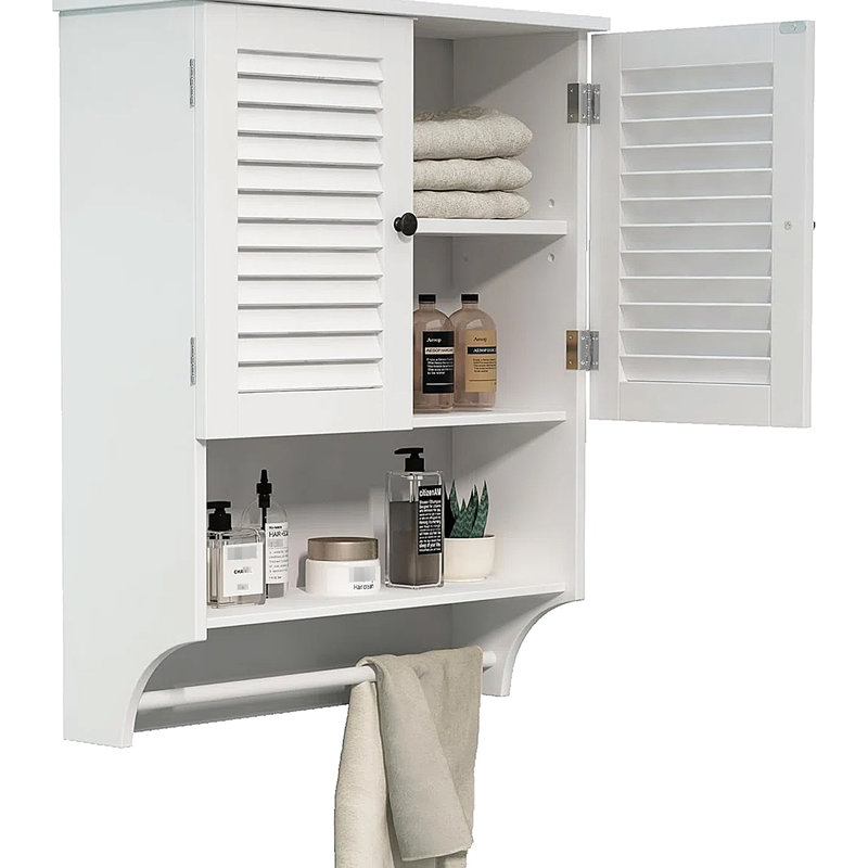 Armoire de salle de bain blanche avec portes à persiennes, tablettes réglables pour les articles de toilette, tablette ouverte et barre à serviettes, fabriquée à partir de zones humides de haute qualité, d'une hauteur de 29,08 po avec tablettes intérieures