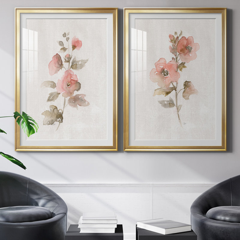 «Blush Sweetly I», ensemble de 2 reproductions d'art, H 26,5 po x l 73 po x P 1,5 po, Blanc, Papier encadré doré