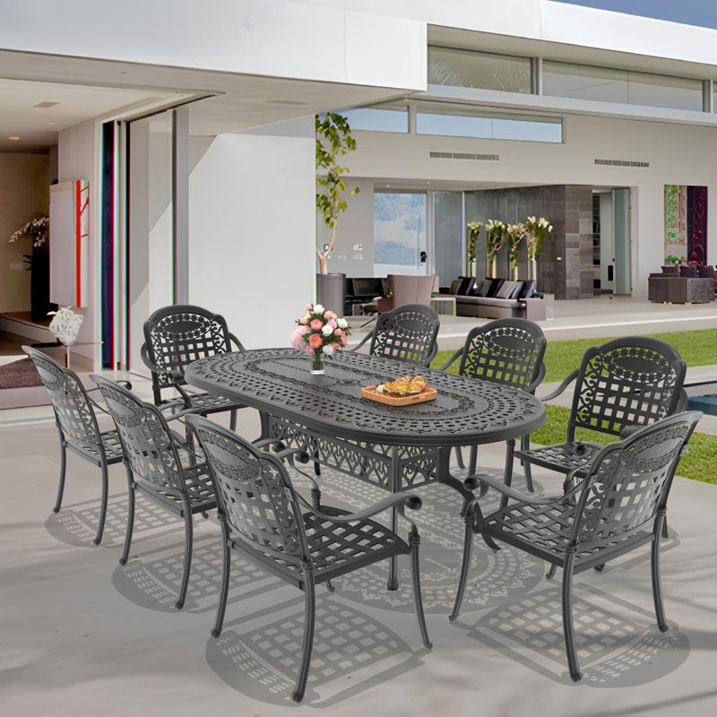81.89"L 41.34"W Oval Table Cast Aluminum Outdoor Dining Set with Umbrella Hole and Blue Cushions, 8
