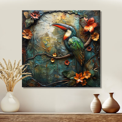 Vert, orange, forêt tropicale, radiance, Toucan - perroquet, art mural, salon