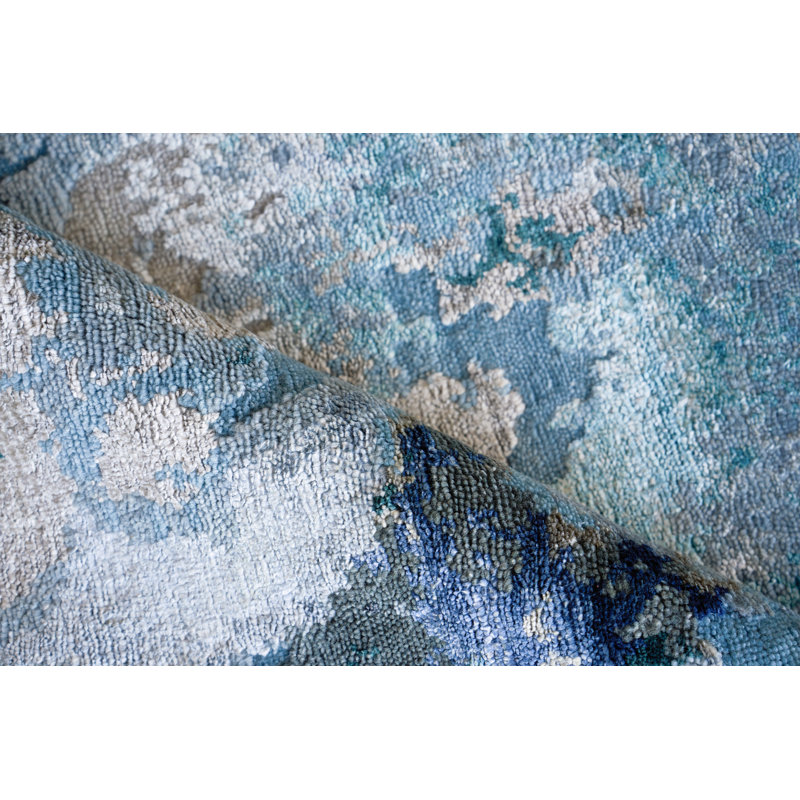 Cosmo Rectangle Abstract Hand-Knotted Area Rug in Blue/Silver/Dark Gray, Rectangle 10' x 14'