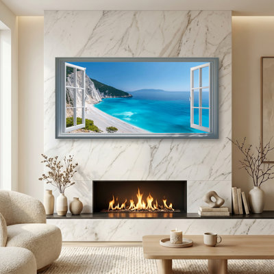 Blue Ocean Sky Canvas Wall Art - Summer Open Window Canvas Prints Landscape Paintings, Oversized Tropical Sea Horizontal Artwork for Living Room Bedroom Home Decor,40x20"