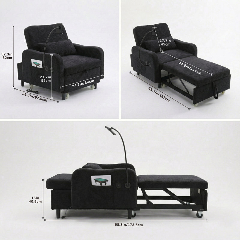 Canapé-lit simple 3 en 1, fauteuil pour petits espaces, fauteuil convertible, Noir