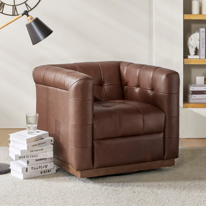 Sonika Genuine Leather Square Swivel Barrel Club Chair with Solid Wood Frame, Brown