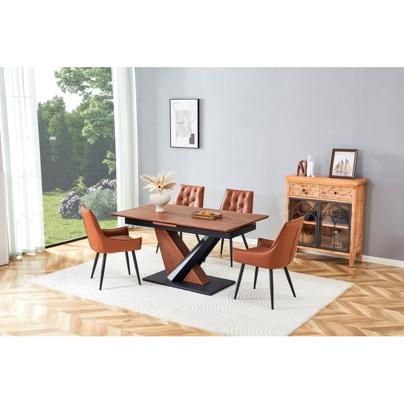 Ensemble de salle à manger contemporain, table extensible en placage de bois MDF et 4 chaises en similicuir de qualité supérieure (1 table avec 4 chaises robustes à structure en métal)