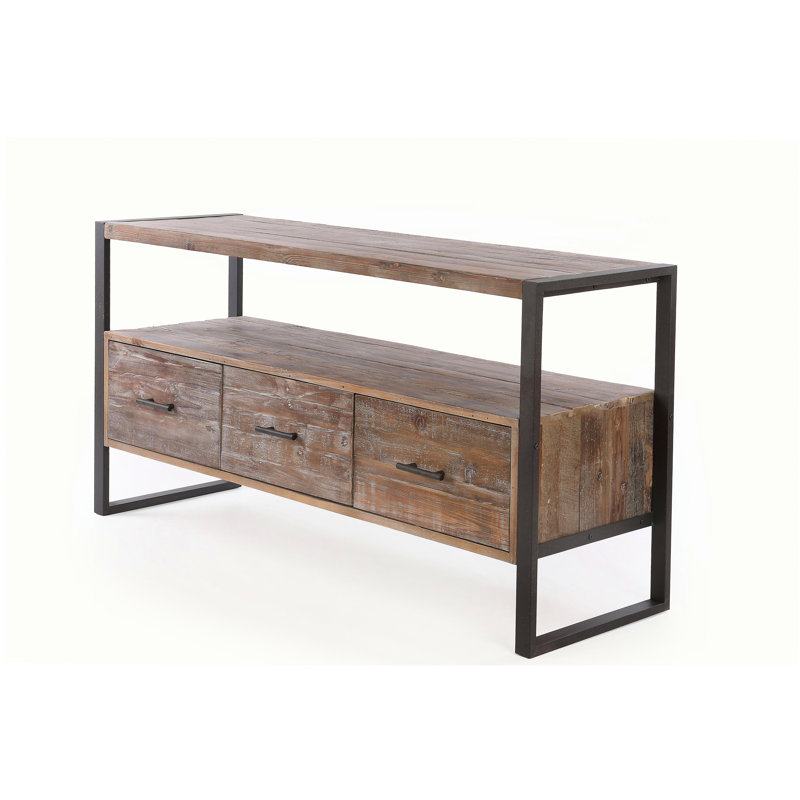 Meuble télé 60 po en bois recyclé avec 3 tiroirs, tablettes ouvertes et finition rétro