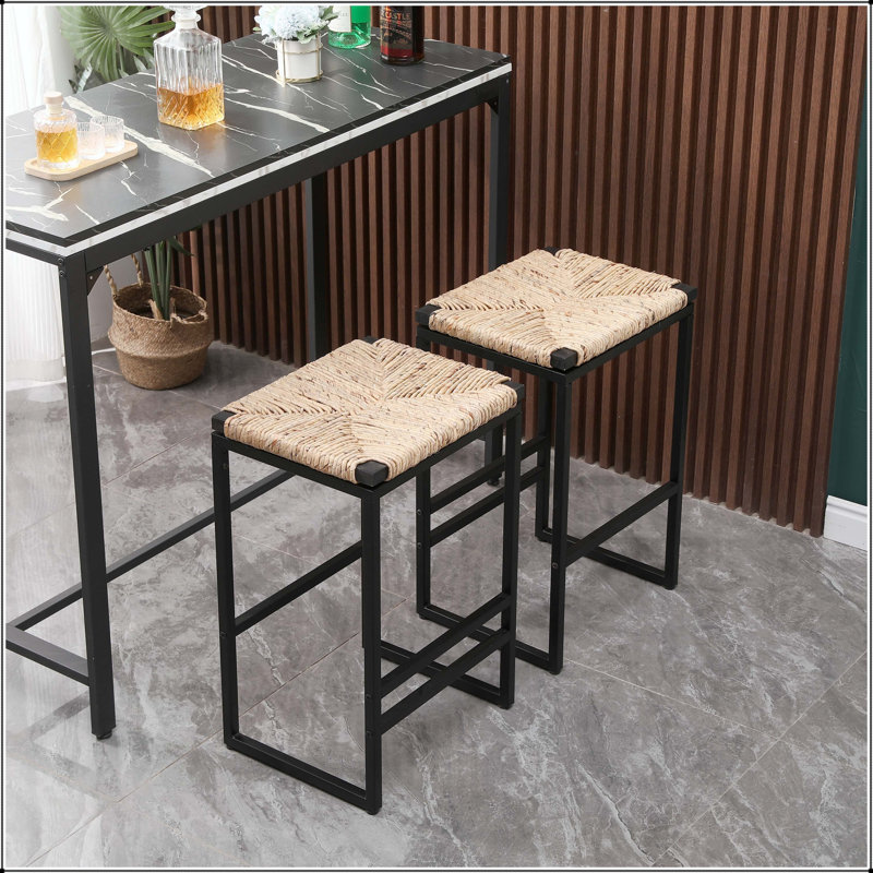 Water Hyacinth Woven Barstool - Black Metal Frame with Natural Woven Seat