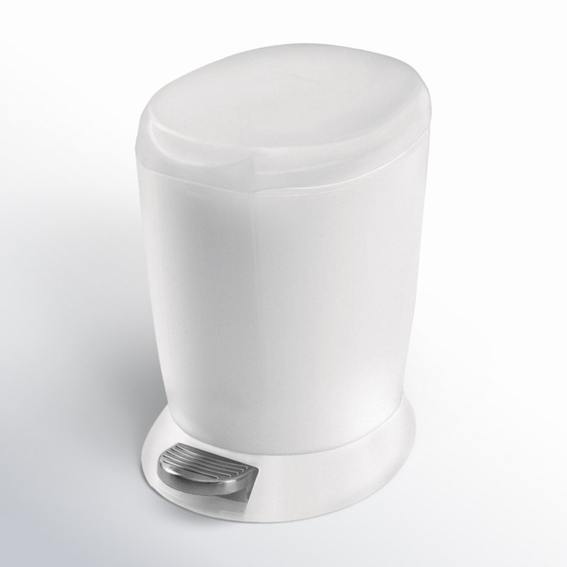 Compact White Plastic Bathroom Step Trash Can with Steel Pedal
