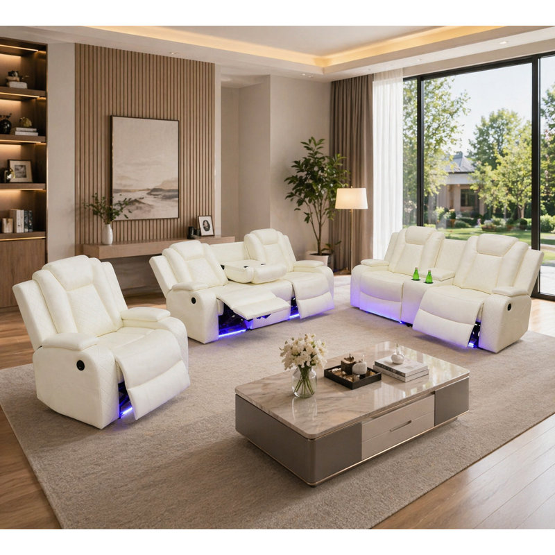 Ensemble de canapé inclinable électrique 3 pièces en similicuir blanc respirant avec console de rangement, porte-gobelets, ports USB, éclairage à DEL et recharge sans fil