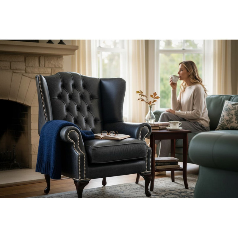 Upholstered Wingback Chair, Cracked Wax Black