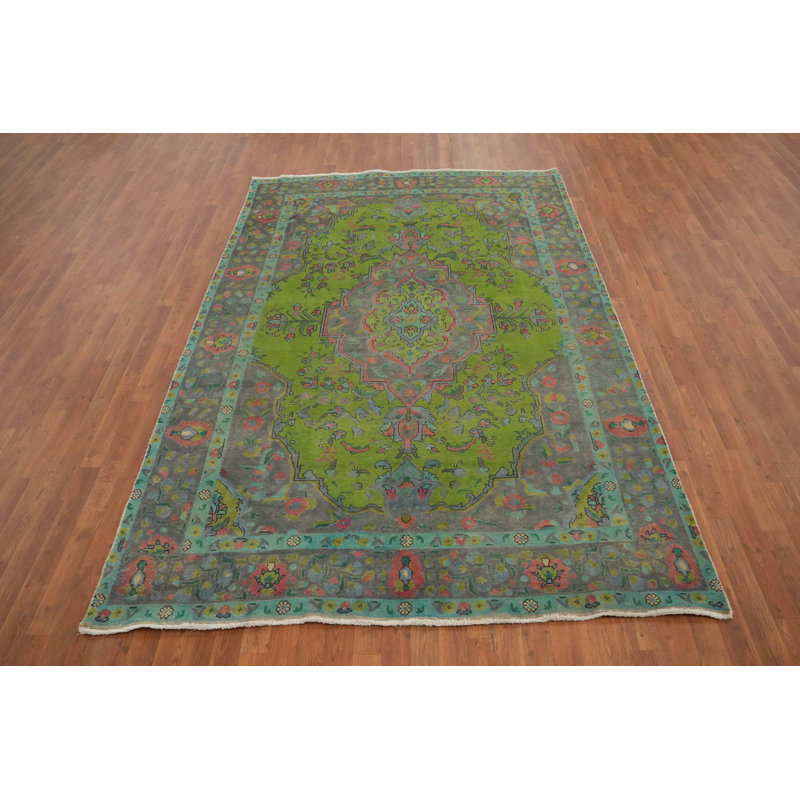 Tapis traditionnel vert en laine à motif médaillon 6 x 10