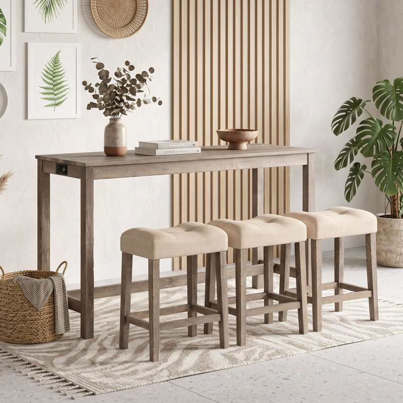 Ensemble de table de bar 4 pièces avec prise électrique intégrée et tabourets rembourrés, table de bar compacte pour cuisine et salle à manger