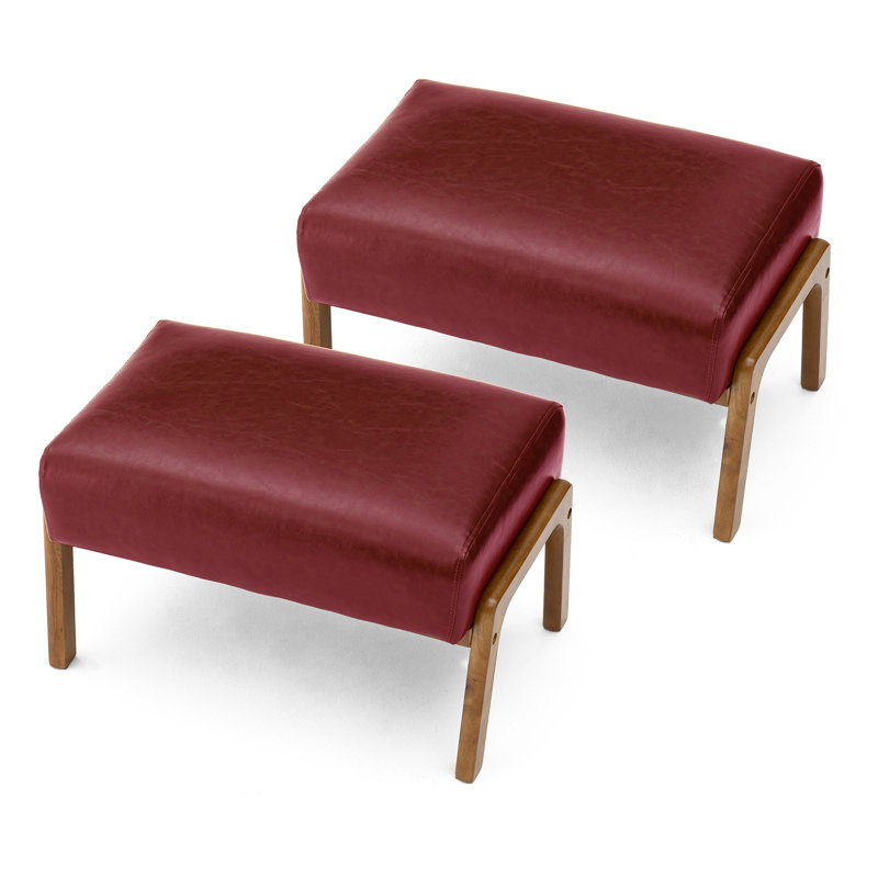 Ensemble de 2 tabourets d'appoint Mid-Century modernes en similicuir bourgogne avec pieds en bois d'hévéa noyer, Bourgogne