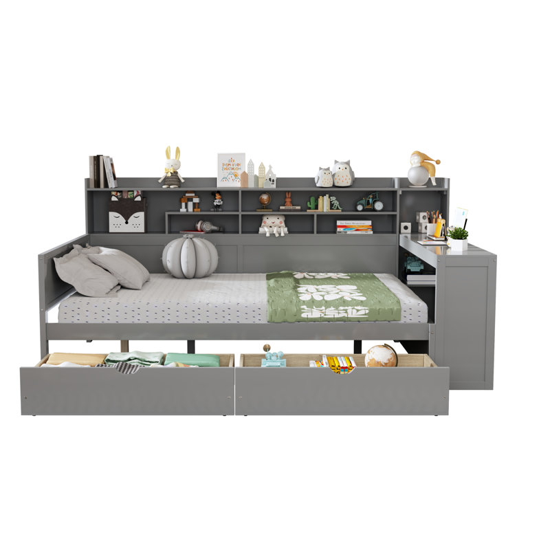 Lits multifonctionnels en bois gris avec rangement et bureau d'étude