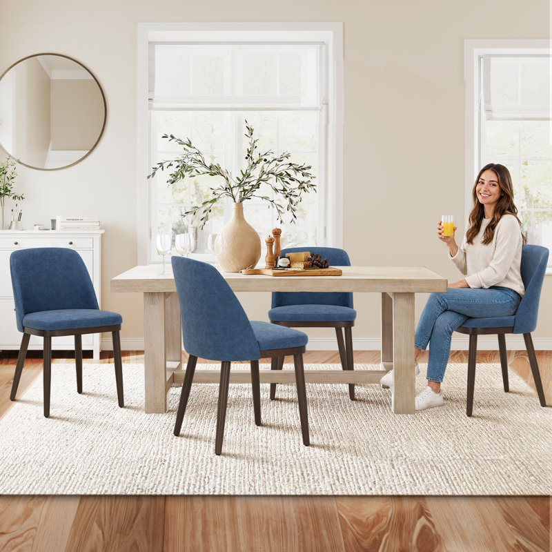 Chaise rembourrée moderne en tissu compact avec pieds en bois massif, dossier ergonomique incurvé, assemblage facile, Bleu