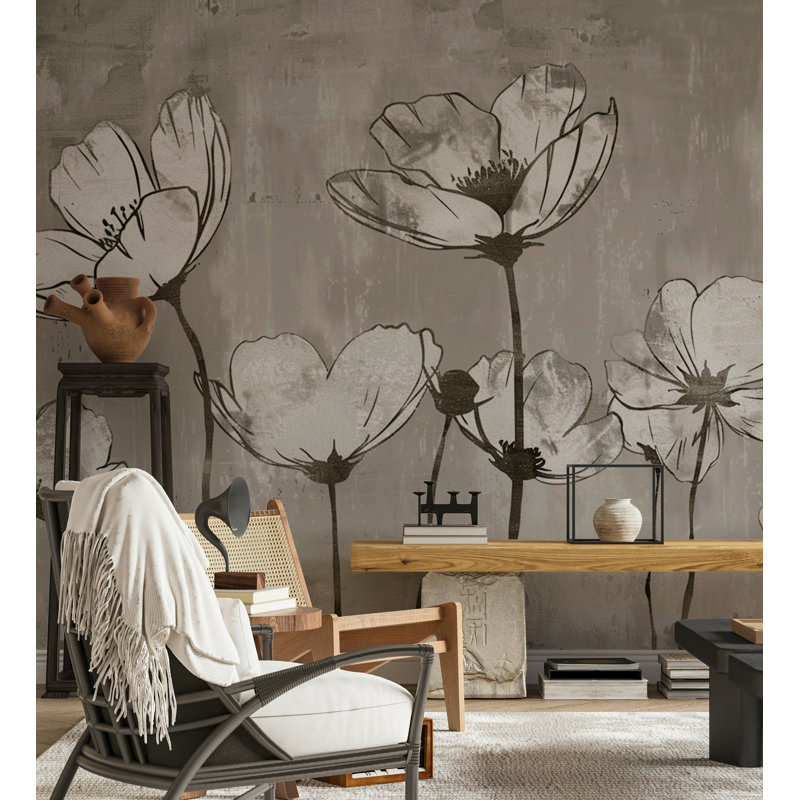 Papier peint industriel gris avec motif floral industriel et espaces urbains chics, L 140 po x L 108 po