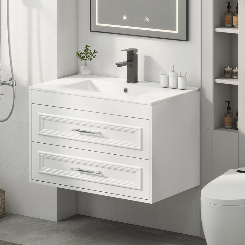Single Bathroom Vanity Set With Ceramic Sink Top, White, 24"