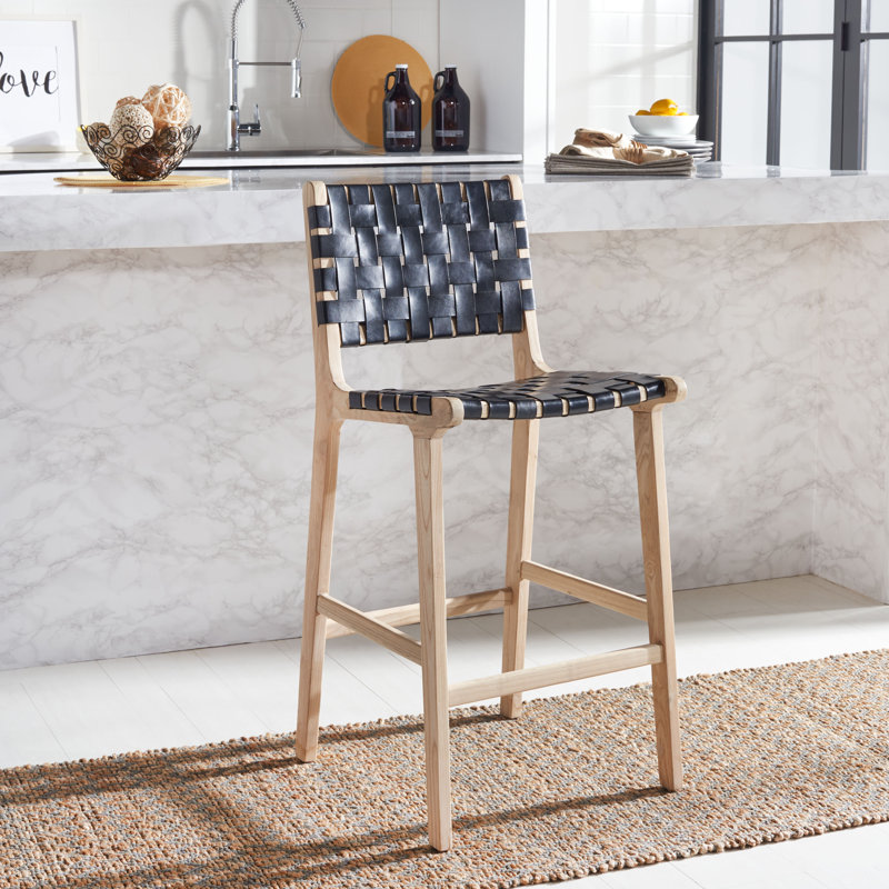 Tabouret Alston, Cuir noir / cadre naturel sans finition, Tabouret de comptoir (siège d'une hauteur de 27,1