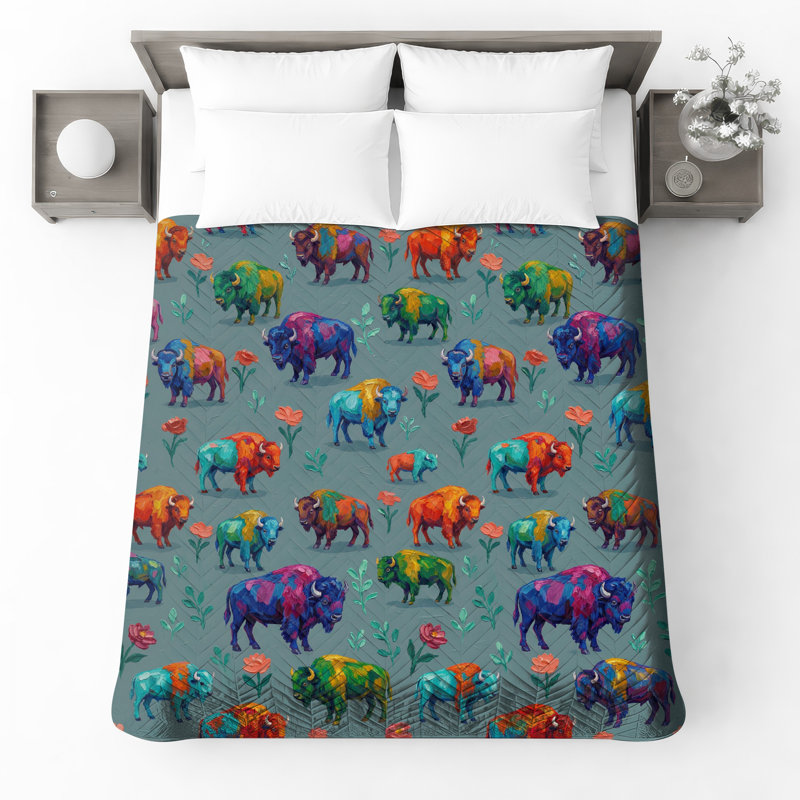 Rainbow Buffalo Pattern Quilted Bedspread All Sizes, Full / Double