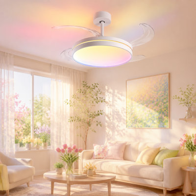 42In Retractable Ceiling Fan with Light and Remote/APP Control,Multiple Dynamic Modes RGB-LED light,6 Speed Reversible Modern Invisible Flush Mount Ceiling Fans with Lights for bedroom Black