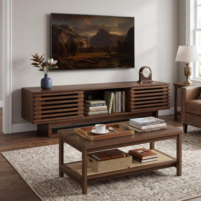 Living Room Table Set of 2, 55" TV Stand Fits 65" TV + Coffee Table w/ Storage, Walnut Finish