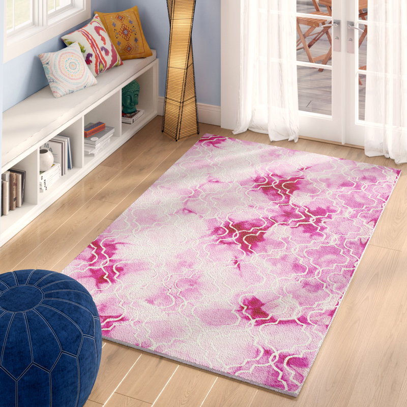 Tapis géométrique rose / ivoire en laine / coton touffeté à la main Berman, Rectangle 4 pi x 6 pi