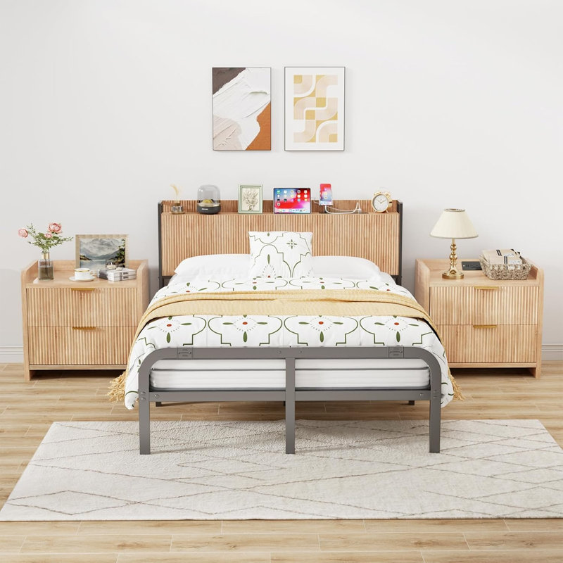 Tête de lit très grand seulement avec prises de courant, tête de lit murale cannelée en bois avec rangement, hauteur réglable, support de rangement, robuste et stable, assemblage facile (chêne, très grand)