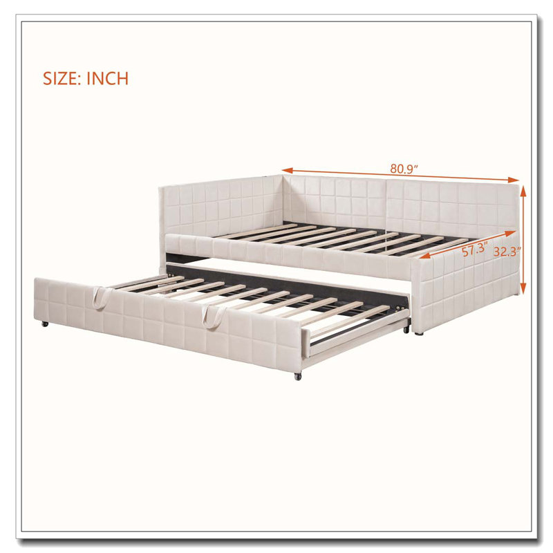 Lit de jour rembourré en L rembourré avec lit gigogne escamotable et ports USB, Beige