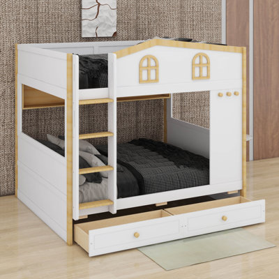 Lit superposé House avec tablettes et 2 tiroirs, lit superposé avec garde-corps en forme de maison et crochets intégrés