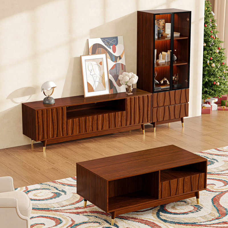 Walnut Finish Media Console Set Of 3 With Tv Stand, Coffee Table And 3-tier Glass Display Cabinet With Drawers For Living Room, Luxury Mid-century Modern Wood Entertainment Center With Drawers And Storage Up To 65" Tvs, Brown