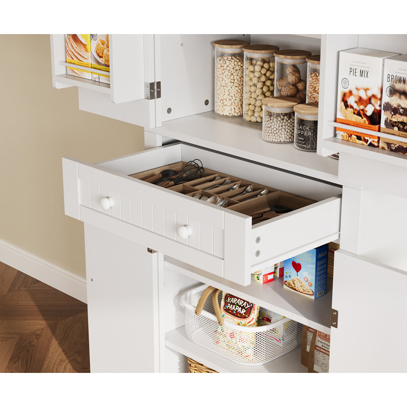 White 72" Tall Kitchen Pantry Cabinet with Motion Sensor Light