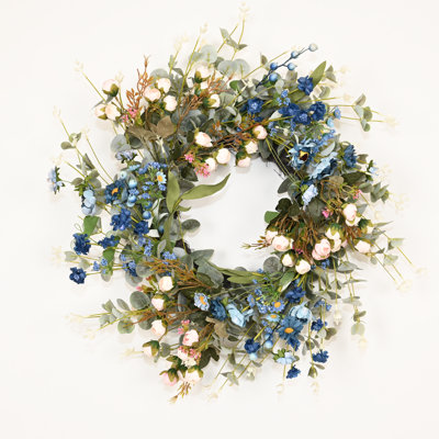 Couronne florale artificielle de 22 po en forme de grappe d'eucalyptus, de baies et de marguerites