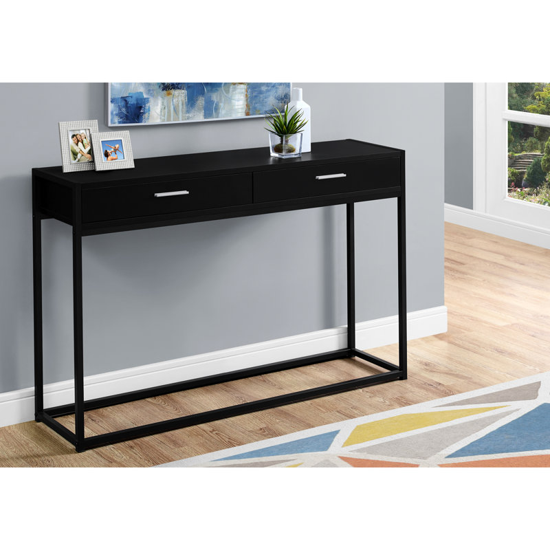 Table d'appoint en stratifié noir pour le salon - pieds en métal, console à 2 tiroirs en stratifié, espace de rangement