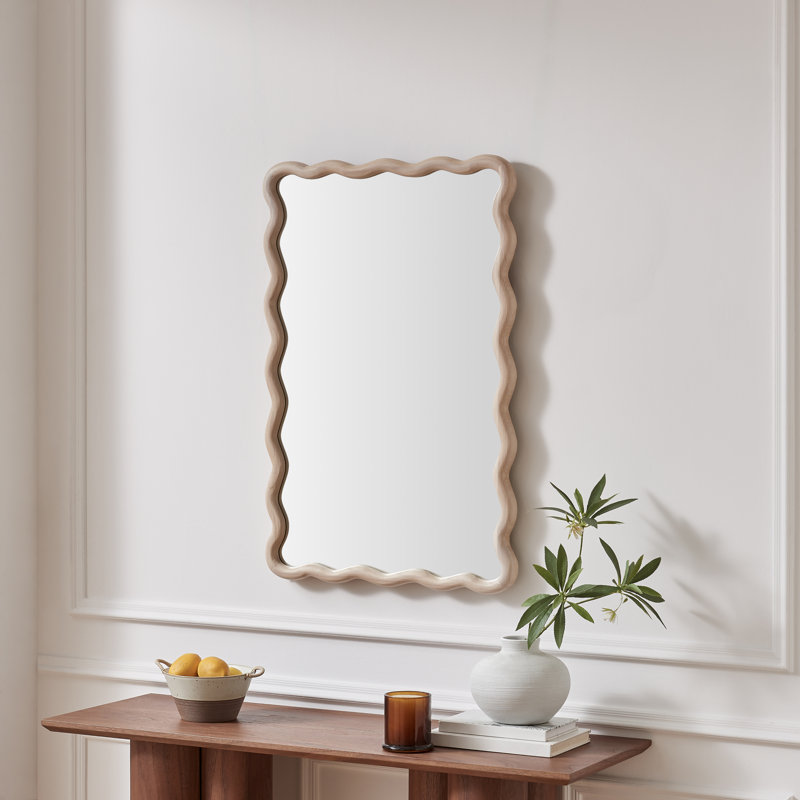 Damma Solid Wood Wavy Circular Hallway Wall Mirror - Modern Elegant Design, 90cm H x 60cm W