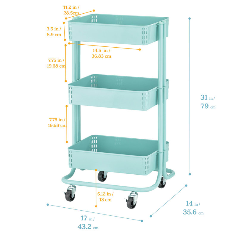 Teal 3-Tier Metal Rolling Utility Cart with Mesh Baskets