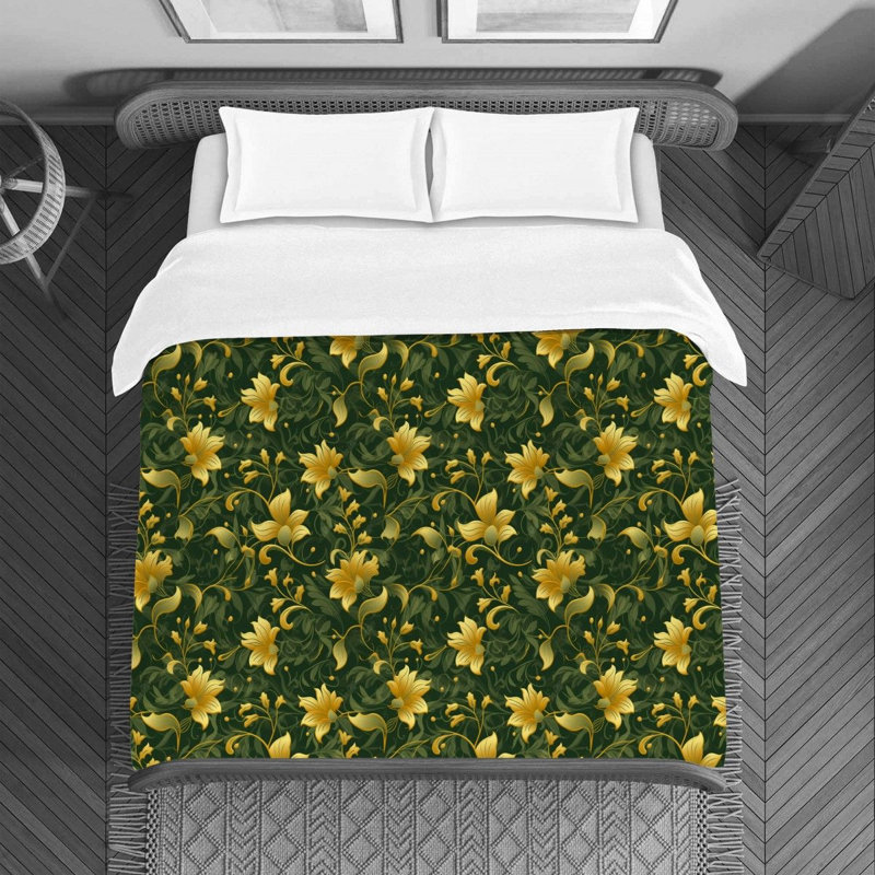 Housse de couette , Housse de couette pour lit simple, Floral vert / jaune
