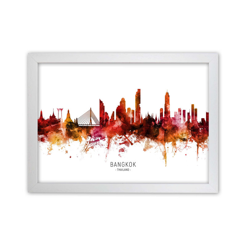 Bangkok Thailand Skyline Red City Name by Michael Tompsett - Print, 34cm H x 46cm W x 3cm D, White Framed