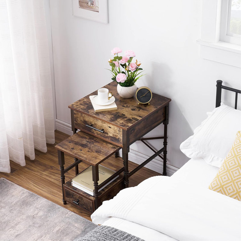 Tables de bout gigognes avec tiroirs, structure en métal et plateau en bois, petites et grandes tables d'appoint empilables pour le salon, la chambre à coucher et le canapé (brun)