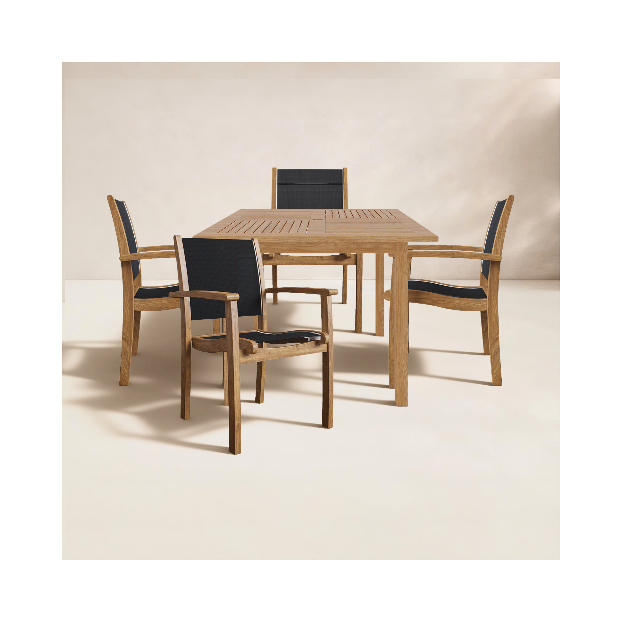 Flem 5-Piece Square Teak Outdoor Dining Set with Stacking Armchairs, Blue