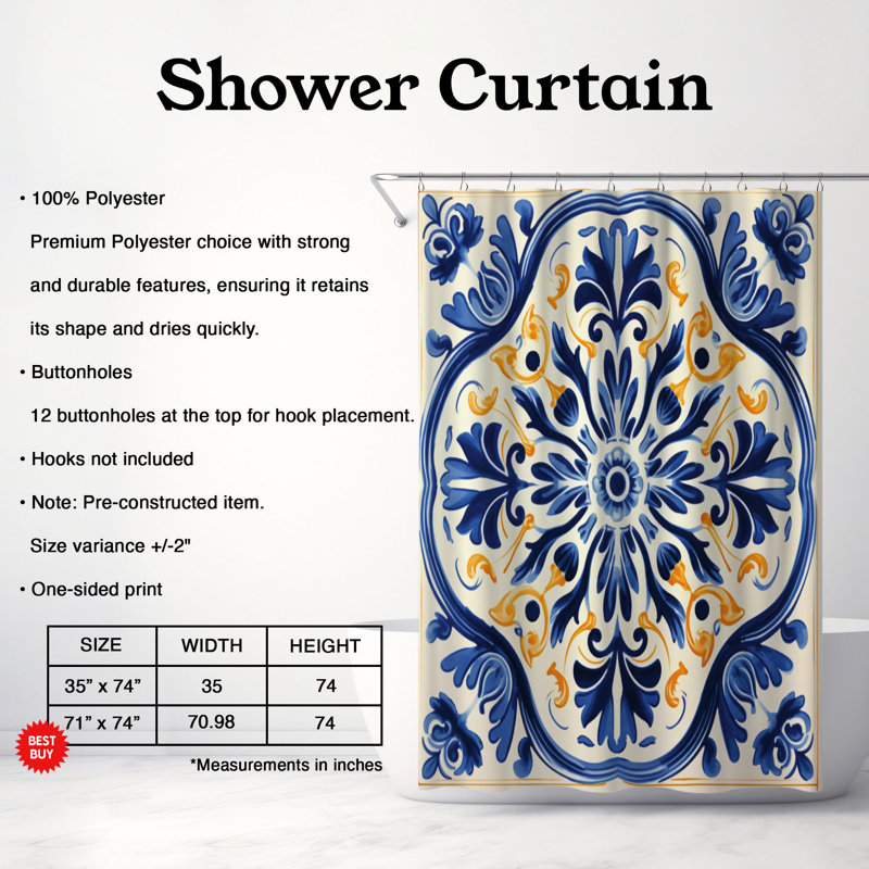 Rideau de douche standard 1 pièce Portugaise Ceramics, H 74 po x l 71 po