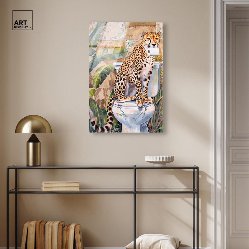 Art mural en verre acrylique sans cadre pour salle de bain Cheetah toilettes par Art Remedy, prêt à accrocher, 20 x 30