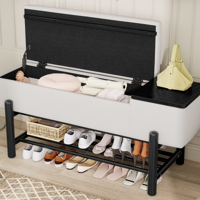 Banc de rangement rembourré avec tablette inférieure, Noir