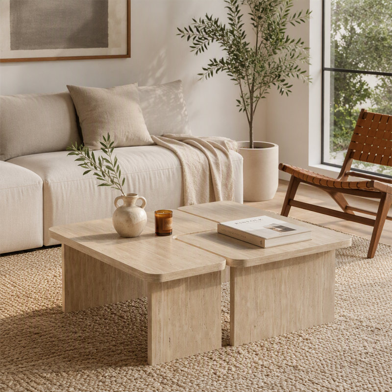 Ensemble de 2 tables basses modulaires en travertin, ensemble de tables gigognes en forme de L, table d'angle séparable pour petits espaces et salon, beige crème